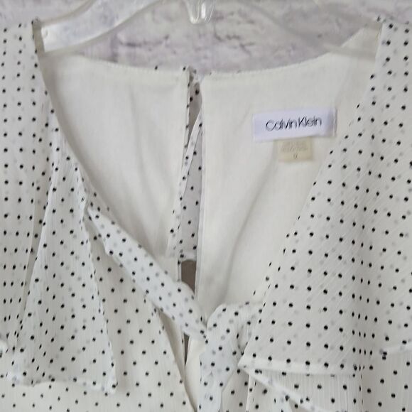 Calvin Klein White Dot-Print Babydoll Dress Ruffle Bow Tie Flutter Sleeve Formal - Picture 6 of 16